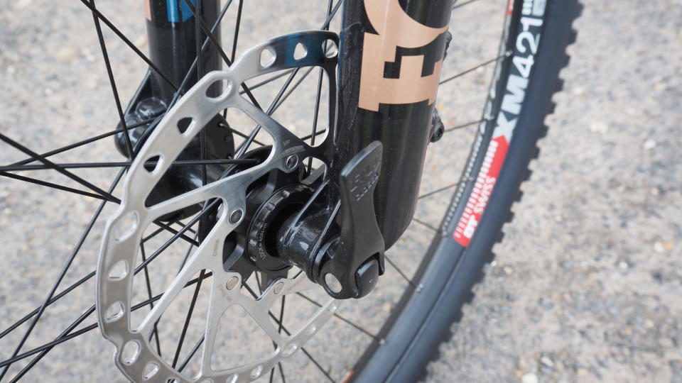 Close up of the thu axle system on a Fox 34 fork