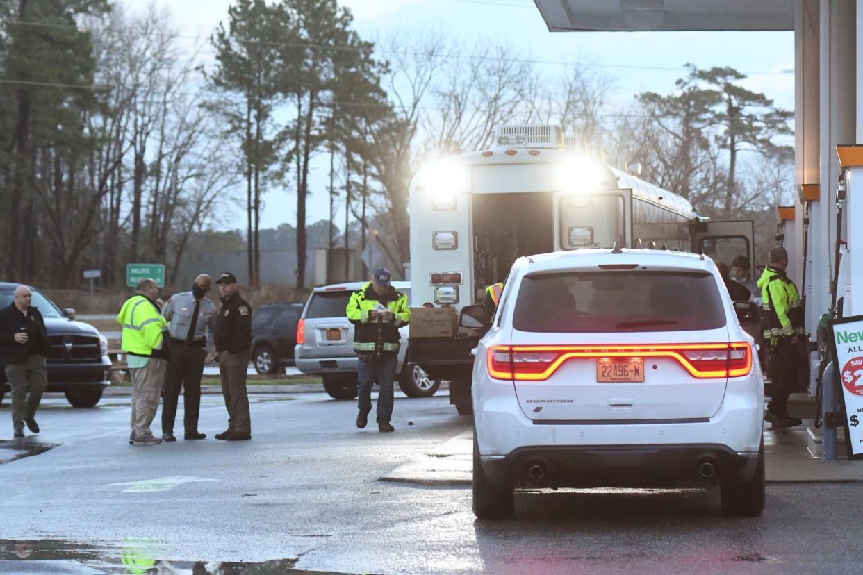 Emergency crews gather at a staging area near Sunset Beach, N.C. on Tuesday, Feb. 16, 2021.