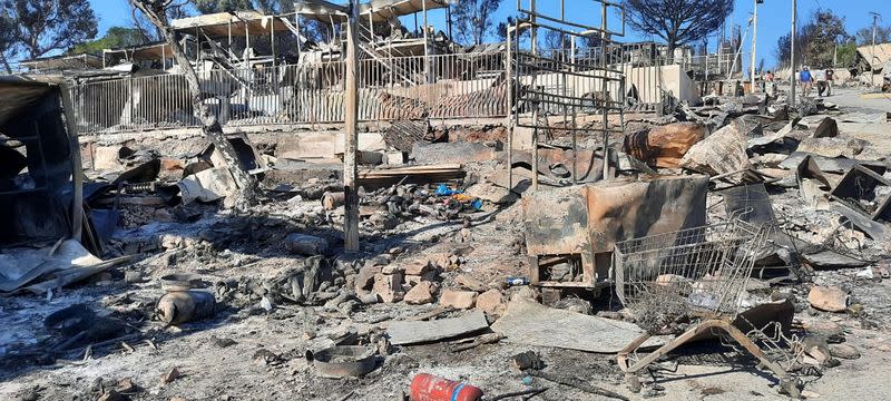 A general view of burnt area following the fires that tore through an overcrowded camp under the coronavirus disease (COVID-19) lockdown, on the island of Lesbos