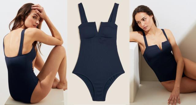 M&S + Tummy Control Padded Ruched Plunge Swimsuit