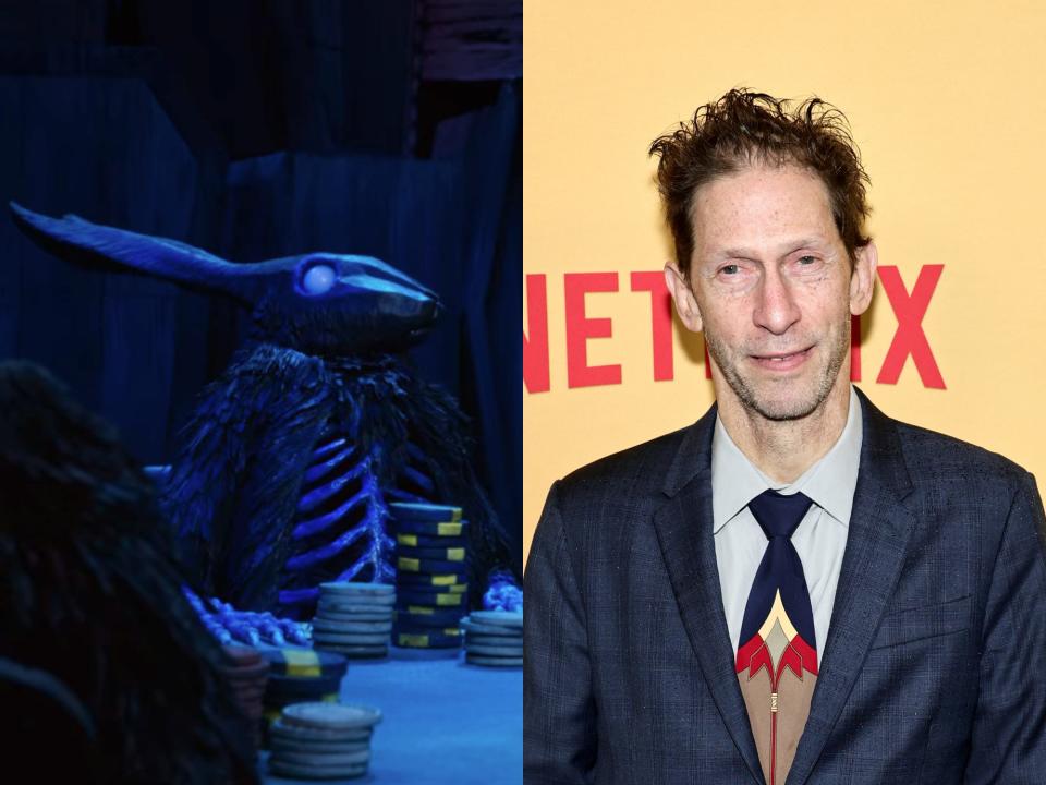 left: a skeletal black rabbit, sitting at a poker table with chips in front of it; right: tim blake nelson, a middle aged man with brown hair, smiling and looking towards the camera, wearing a navy suit and brightly colored red, yellow, and blue tie