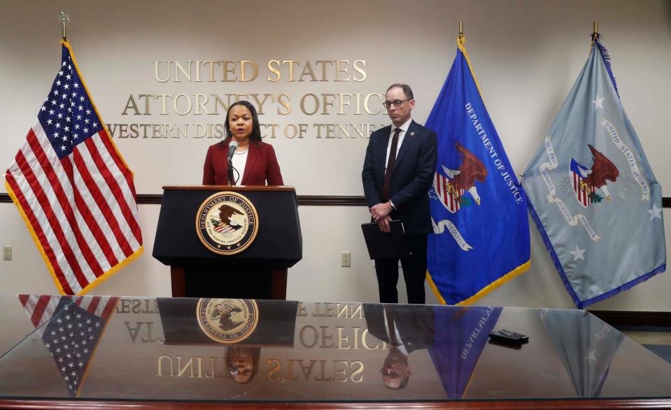 Assistant Attorney General Kristen Clarke of the Justice Department’s Civil Rights Division and U.S. Attorney Kevin G. Ritz for the Western District of Tennessee held a press conference about opening an investigation into the Memphis Police Department on July 27, 2023 at the U.S. Attorney’s Office for the Western District of Tennessee in Downtown Memphis.