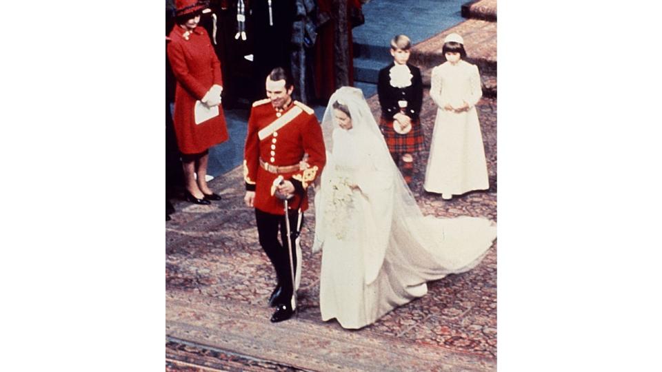 The Princess Royal's first wedding dress was designed by Maureen Baker