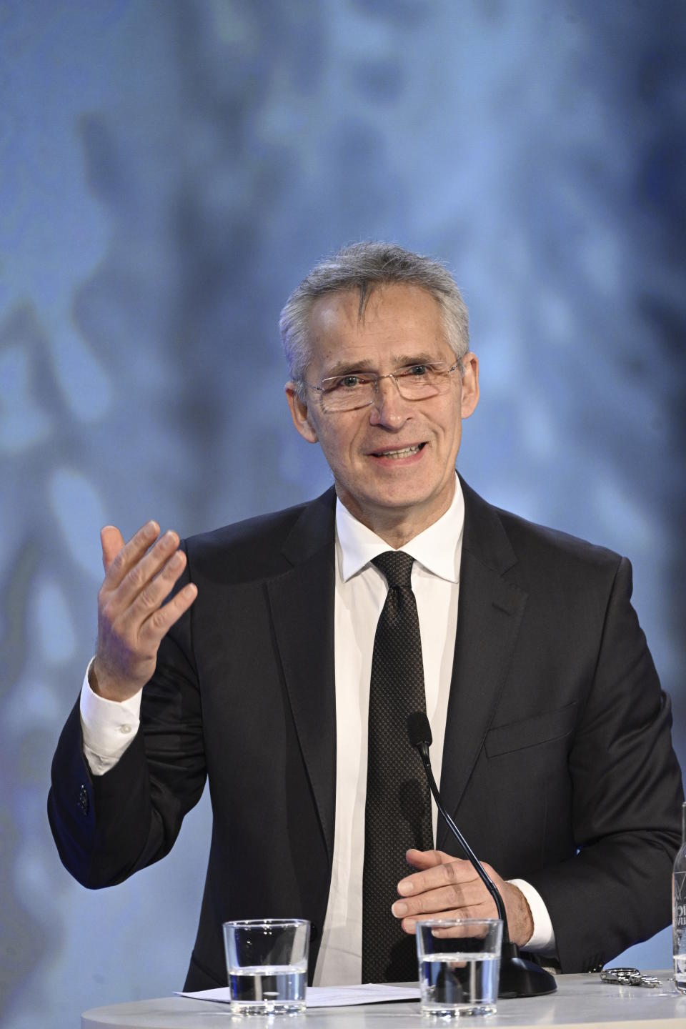 NATO Secretary General Jens Stoltenberg speaks during the annual Society and Defence Conference in Salen, Sweden, Sunday, Jan. 8, 2023. (Henrik Montgomery/TT News Agency via AP)