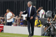 Ecuador's head coach Gustavo Alfaro watches during the first half of an international friendly soccer match against Cape Verde, Saturday, June 11, 2022, in Fort Lauderdale, Fla. (AP Photo/Lynne Sladky)