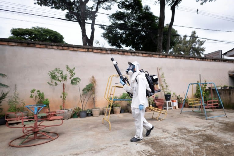 Un sanitario fumiga contra el mosquito Aedes aegypti, vector de los virus del dengue, Zika y Chikungunya, en Contagem, Brasil, el 2 de febrero de 2024 (Douglas Magno)