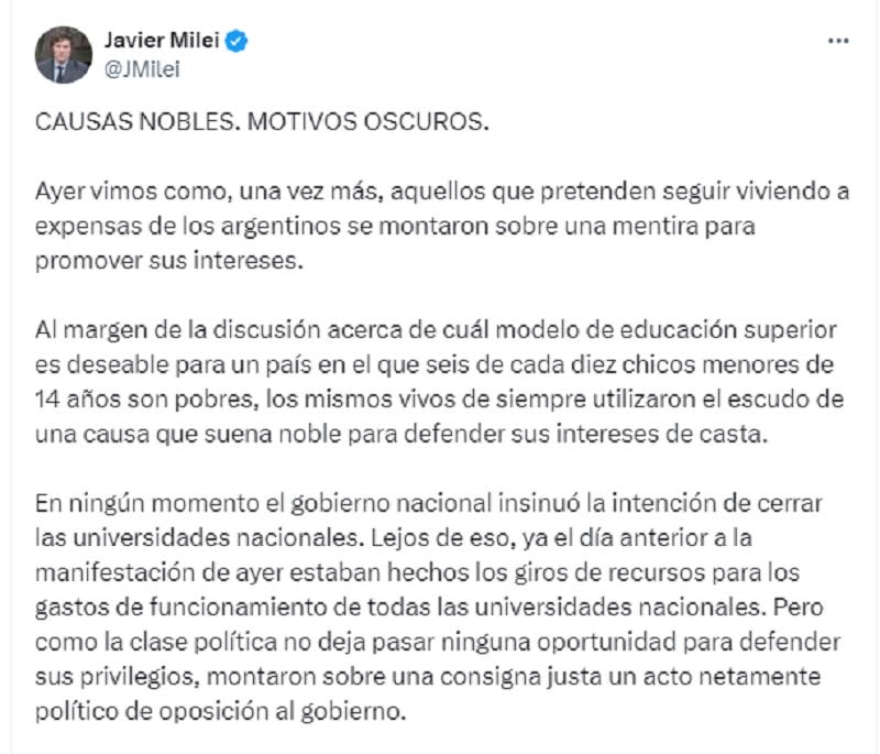 Así comienza el largo mensaje de Javier Milei publicado en X