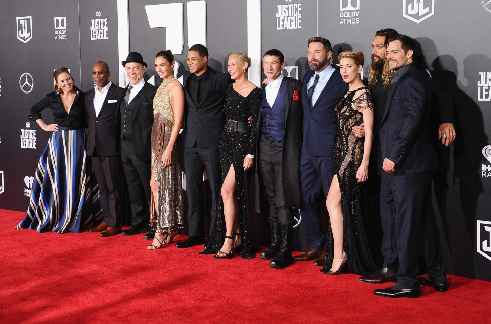 <p>(L-R) Diane Lane, Joe Morton, J.K. Simmons, Gal Gadot, Ray Fisher, Connie Nielsen, Ezra Miller, Ben Affleck, Amber Heard, Jason Momoa and Henry Cavill attend the Los Angeles Premiere of Warner Bros. Pictures' "Justice League" at Dolby Theatre on November 13, 2017 in Hollywood, California. (Photo by Jon Kopaloff/FilmMagic)</p> 