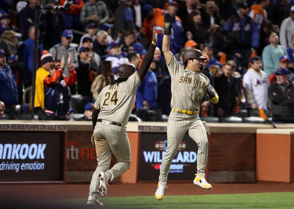 Game 3: Padres first baseman Josh Bell and shortstop Ha-Seong Kim score on a single by catcher Austin Nola.