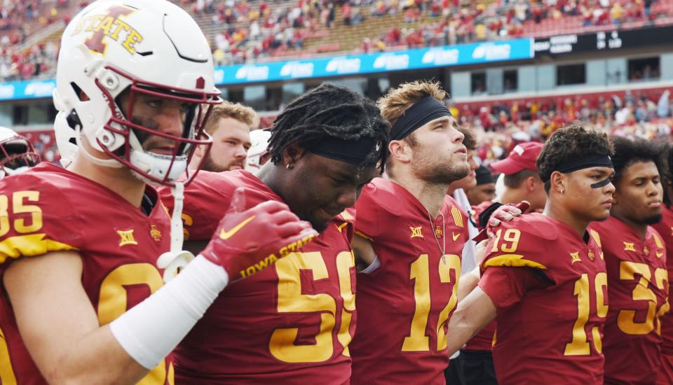 Iowa State football players react after losing 31-14 against Baylor at Jack Trice Stadium in Ames on Saturday.