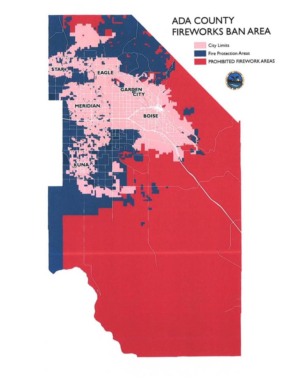 This map shows where fireworks are banned in unincorporated Ada County. The Ada County Commission voted on June 22, 2021, to reenact a ban of all fireworks – including those deemed “safe and sane” – in some parts of the county due to wildfire risk.