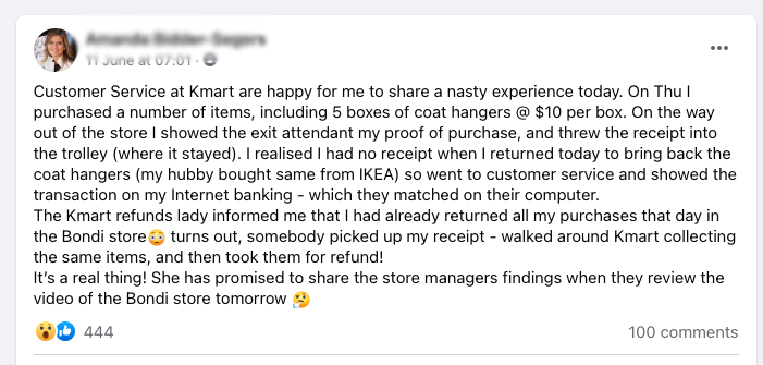 The Sydney Kmart shopper's Facebook post about the 