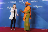 Italian Premier Giorgia Meloni, left, welcomes Vice President of Benin Mariam Chabi Talata ahead of an Italy - Africa summit, in Rome, Monday, Jan. 29, 2024. Meloni opened a summit of African leaders on Monday aimed at illustrating Italy's big development plan for the continent that her government hopes will stem migration flows and forge a new relationship between Europe and Africa. (Roberto Monaldo/LaPresse via AP)