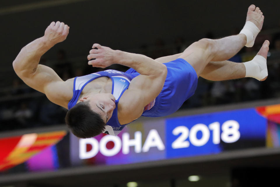 Russia's Nikita Nagornyy performs on the floor during the Men's All-Around Final of the Gymnastics World Chamionships at the Aspire Dome in Doha, Qatar, Wednesday, Oct. 31, 2018. (AP Photo/Vadim Ghirda)