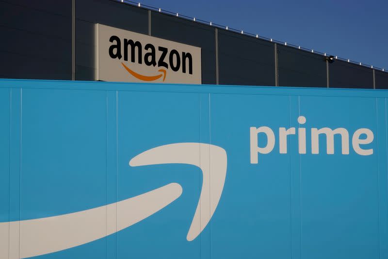 FILE PHOTO: The logo of Amazon Prime Delivery is seen on the trailer of a truck outside the company logistics center in Lauwin-Planque