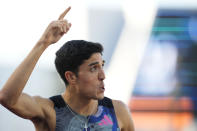 Bryce Hoppel reacts after winning the men's 800 meters final during the U.S. track and field championships in Eugene, Ore., Sunday, July 9, 2023. (AP Photo/Ashley Landis)