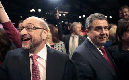 Outgoing Social Democratic Party (SPD) leader Sigmar Gabriel and incoming party leader and candidate in the upcoming general elections Martin Schulz arrive for an SPD party convention in Berlin, Germany, March 19, 2017. REUTERS/Axel Schmidt