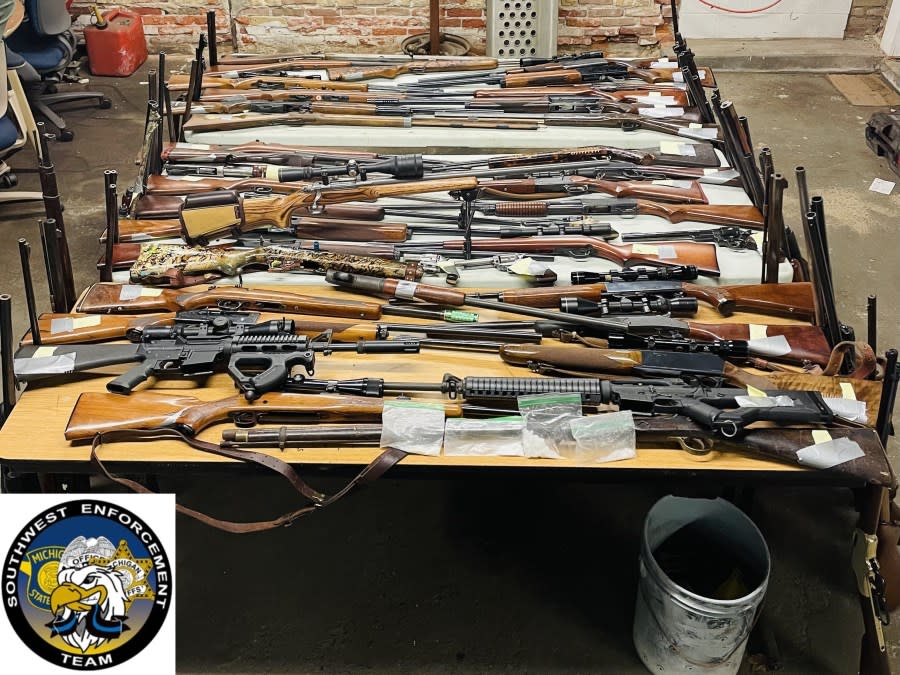 Authorities say they seized 79 illegally owned guns from a properly in St. Joseph County's Sherman Township on Nov. 7, 2023. (Courtesy Southwest Enforcement Team)