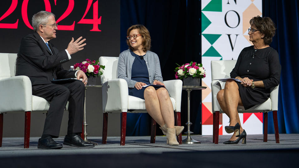 (From l.): ACA Connects president and CEO Grant Spellmeyer; FCC commissioner Anna Gomez; and Boycom president/CEO and co-founder Patricia Jo Boyers, the ACA chair, at the ACA Connects Summit in Washington, D.C.