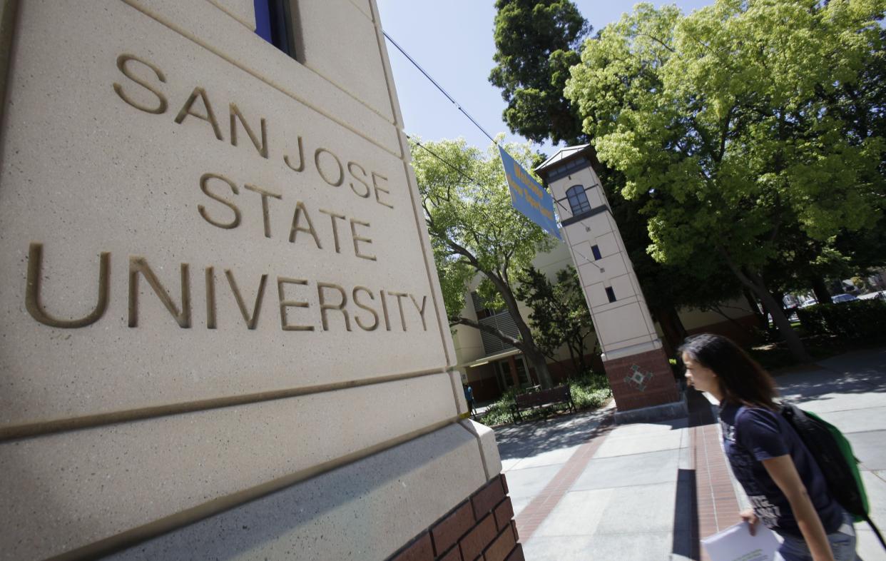 The entrance gate to San Jose State University is shown in San Jose, Calif. 