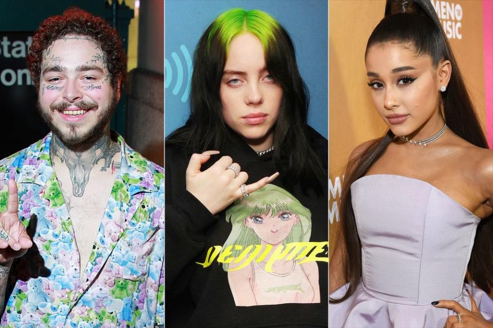 Post Malone, Billie Eilish and Ariana Grande | Rich Fury/Getty; Astrid Stawiarz/Getty; Kevin Mazur/Getty