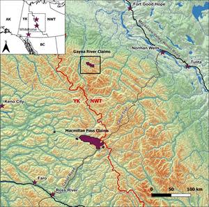 Map 1 – Location of the Gayna River claims, Northwest Territories, and Macmillan Pass claims, Yukon, Canada.