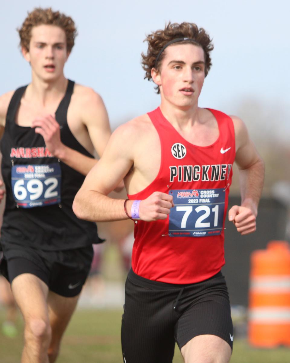 Pinckney's Evan Loughridge (721) finished 10th in the state Division 2 cross country meet Saturday, Nov. 4, 2023 at Michigan International Speedway.