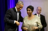 <p>Franklin with President Obama at the Eric Holder Portrait unveiling ceremony, Washington D.C., 27 February 2015. President Obama has quoted Franklin as one of his favourite singers of all time several times.<br>Credit: Photo by REX/Shutterstock (4466798q) </p>