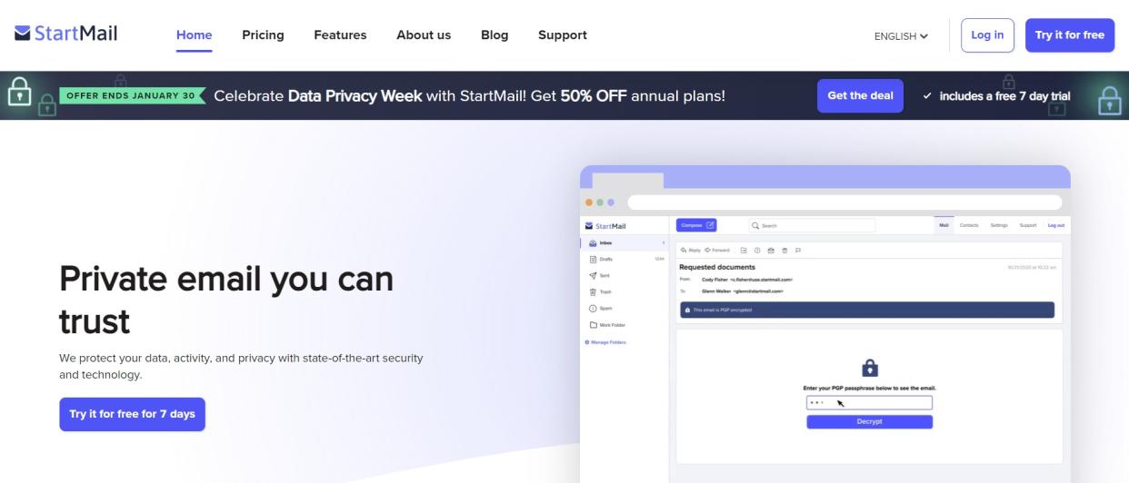  Website screenshot for StartMail. 