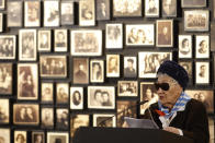 Holocaust survivor, Zdzislawa Wlodarczyk, delivers a speech during a ceremony in the former Nazi German concentration and extermination camp Auschwitz during ceremonies marking the 78th anniversary of the liberation of the camp in Brzezinka, Poland, Friday, Jan. 27, 2023. (AP Photo/Michal Dyjuk)