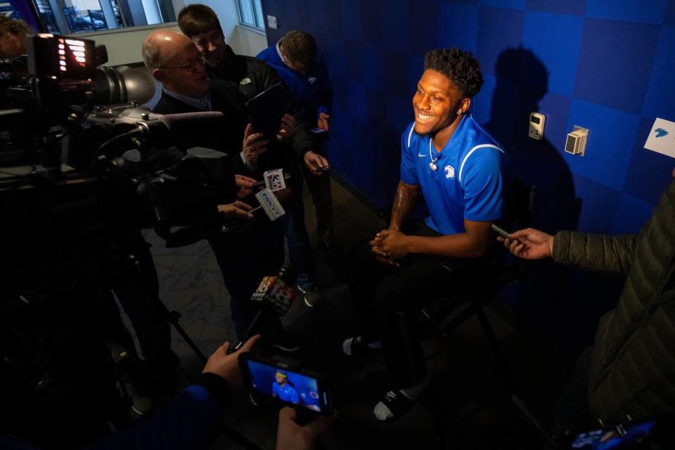 Defensive back Joel Williams laughs with media after enrolling at UK in 2020. On Monday, Williams entered the transfer portal.