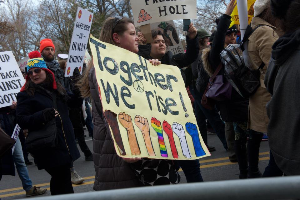 People march in Manhattan during the 2018 Women&rsquo;s March on New York City on Jan. 20, 2018.&nbsp;&nbsp;