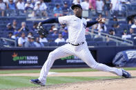 New York Yankees pitcher Aroldis Chapman delivers against the Kansas City Royals during the sixth inning of a baseball game, Saturday, July 30, 2022, in New York. (AP Photo/Mary Altaffer)