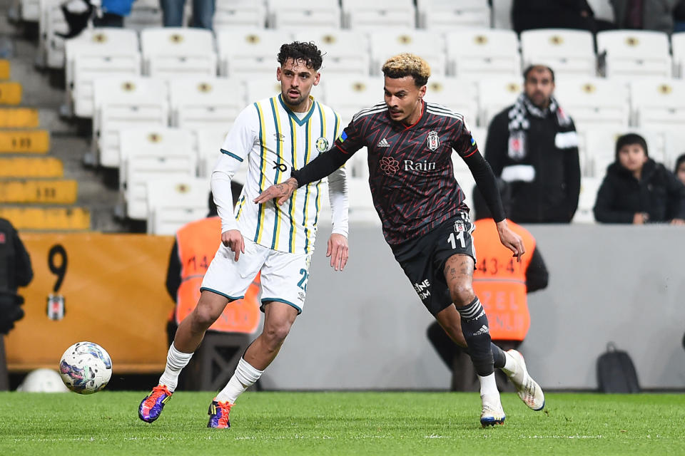 ISTANBUL, TURKEY - DECEMBER 21: Dele Alli (R) of Besiktas and Abdulsamet Burak (L) of Sanliurfaspor battle for the ball during the Ziraat Turkish Cup match between Besiktas and Sanliurfaspor at Vodafone Park on December 21, 2022 in Istanbul, Turkey. (Photo by Seskim Photo/MB Media/Getty Images)