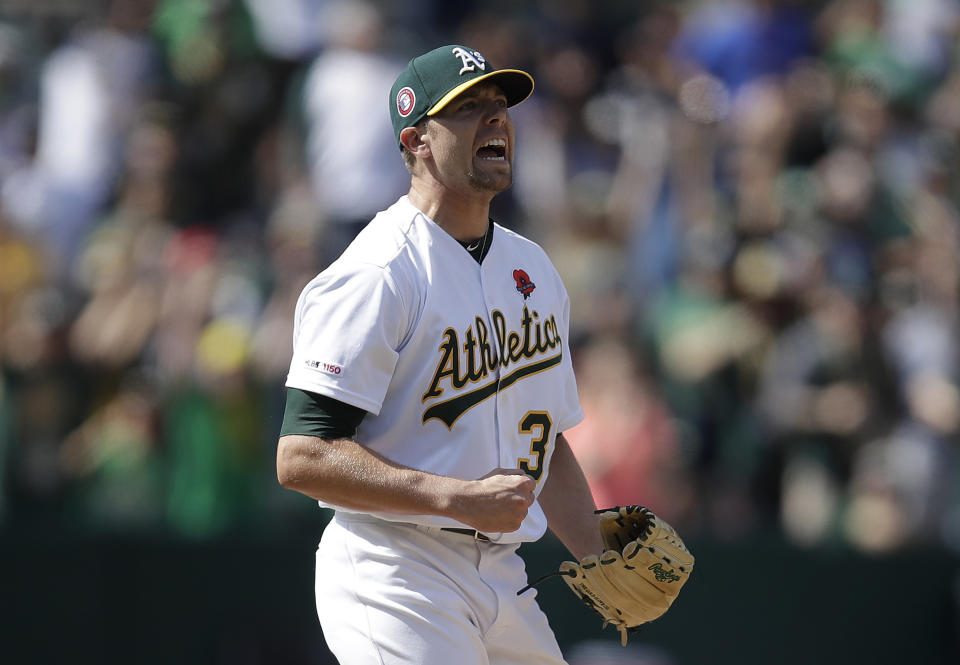 Oakland Athletics' Blake Treinen reacts as the final out is made against the Los Angeles Angels at the end of a baseball game Monday, May 27, 2019, in Oakland, Calif. (AP Photo/Ben Margot)