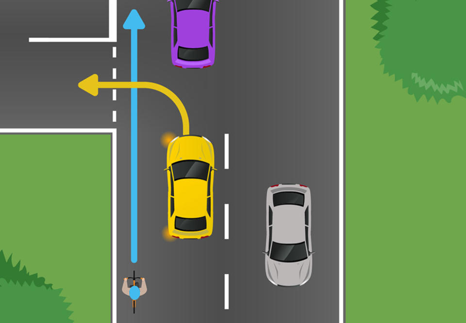 A picture uploaded of the RACQ of a car preparing to turn left with a cyclist behind it planning on going straight ahead. The RACQ asked who has to give way.