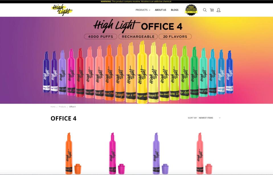 This screen capture from highlightvape.com shows the colorful selection of vape products that can easily be mistaken for an actual highlighter carried by a student.