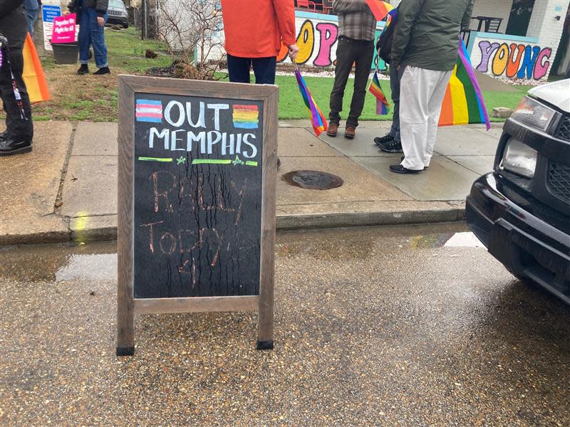 Despite the cold and steady rain, around 100 people crowded in front of the OUTMemphis Community Center for a rally opposing the anit-LGBTQ+ bills in this year's Tennessee legislative session.
(Photo: Gina Butkovich / The Commercial Appeal)