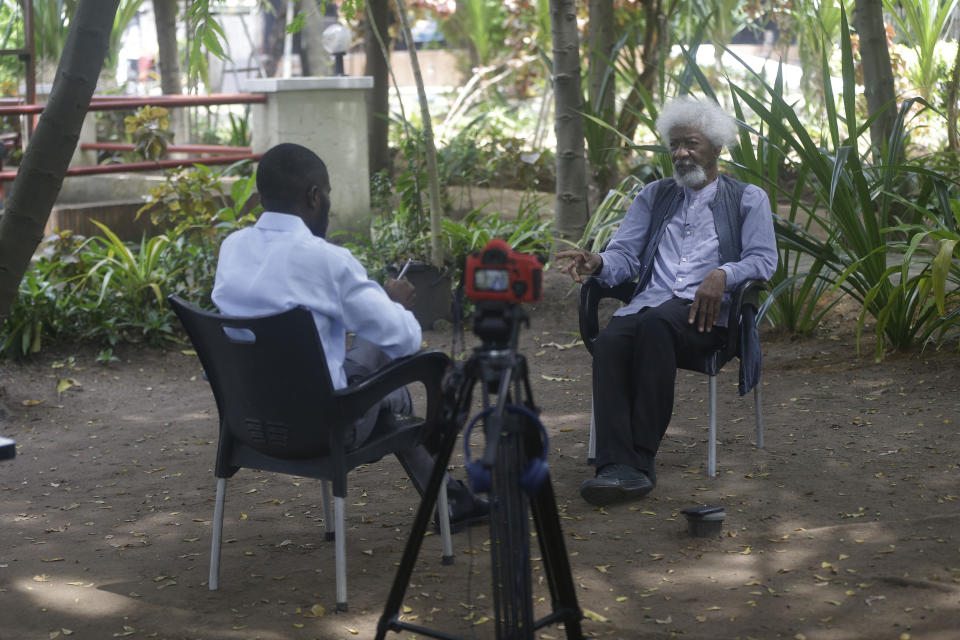 Nobel Laureate Wole Soyinka, speaks to The Associated Press during an interview at freedom park in Lagos, Nigeria, Thursday, Oct. 28, 2021. Wole Soyinka, Nigeria's Nobel-winning author, sees his country's many problems — misgoverning politicians, systemic corruption, violent extremists, and kidnapping bandits — yet he does not despair. At 87, he says Nigeria's youth may have the energy and the know-how to get the troubled country back on track. He says Nigeria needs a "brutal" soul-searching and a leader who will "take the bull by the horns" for things to improve. (AP Photo/Sunday Alamba)