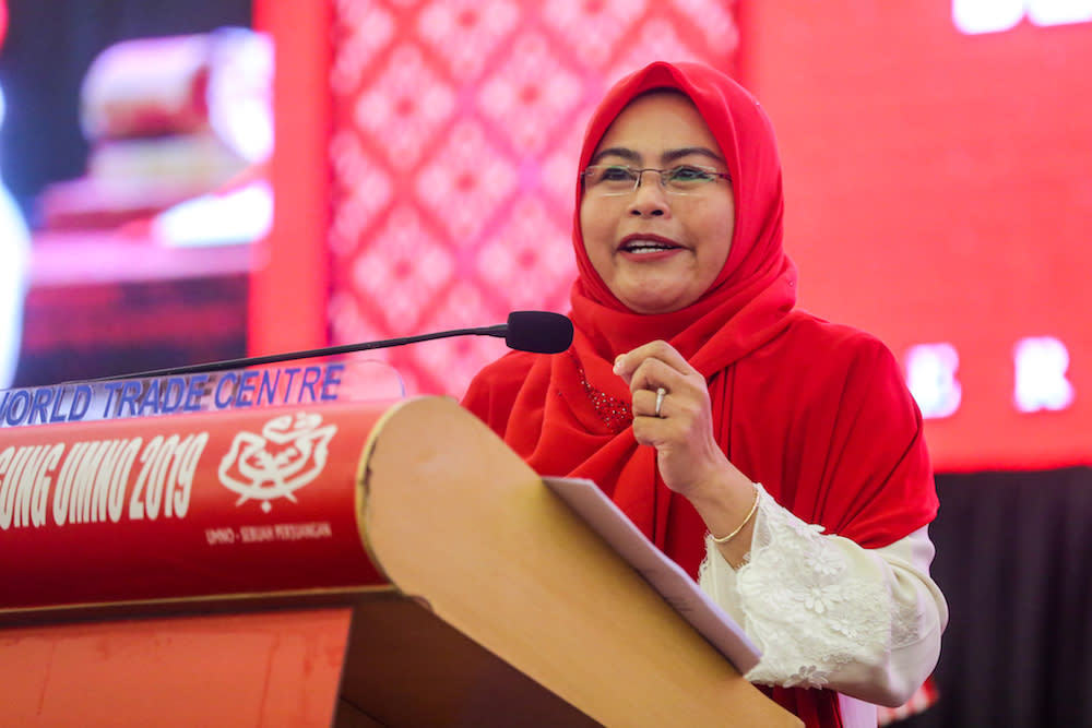 Wanita Umno chief Datuk Noraini Ahmad speaks during the 2019 Umno General Assembly at Putra World Trade Centre in Kuala Lumpur December 5, 2019. — Picture by Firdaus Latif