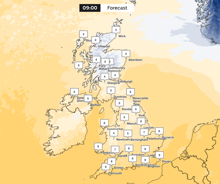 Forecast temperatures at 9am on Saturday. (Met Office)