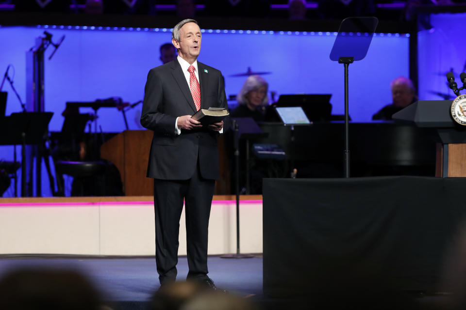 Senior Pastor Dr. Robert Jeffress addresses attendees before Vice President Mike Pence made comments at First Baptist Church Dallas during a Celebrate Freedom Rally in Dallas, Sunday, June 28, 2020. (AP Photo/Tony Gutierrez)