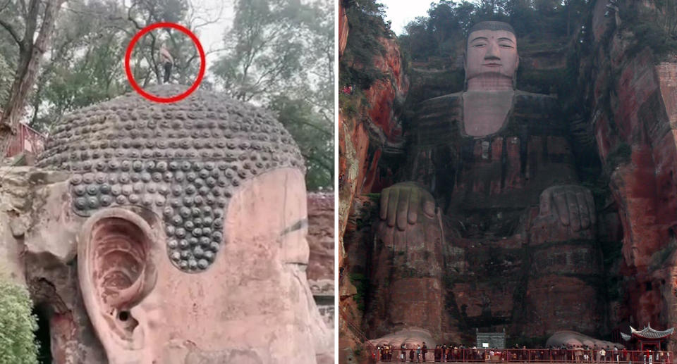 Left: A tourist urinating on the giant Buddha statue. Right: A full scale image of the giant Buddha with tourists at the base.