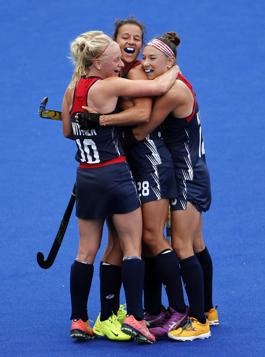 <p>Players of the United States team celebrate after scoring against Australia during a women’s field hockey match at the 2016 Summer Olympics in Rio de Janeiro, Brazil, Monday, Aug. 8, 2016. (AP Photo/Dario Lopez-Mills) </p>