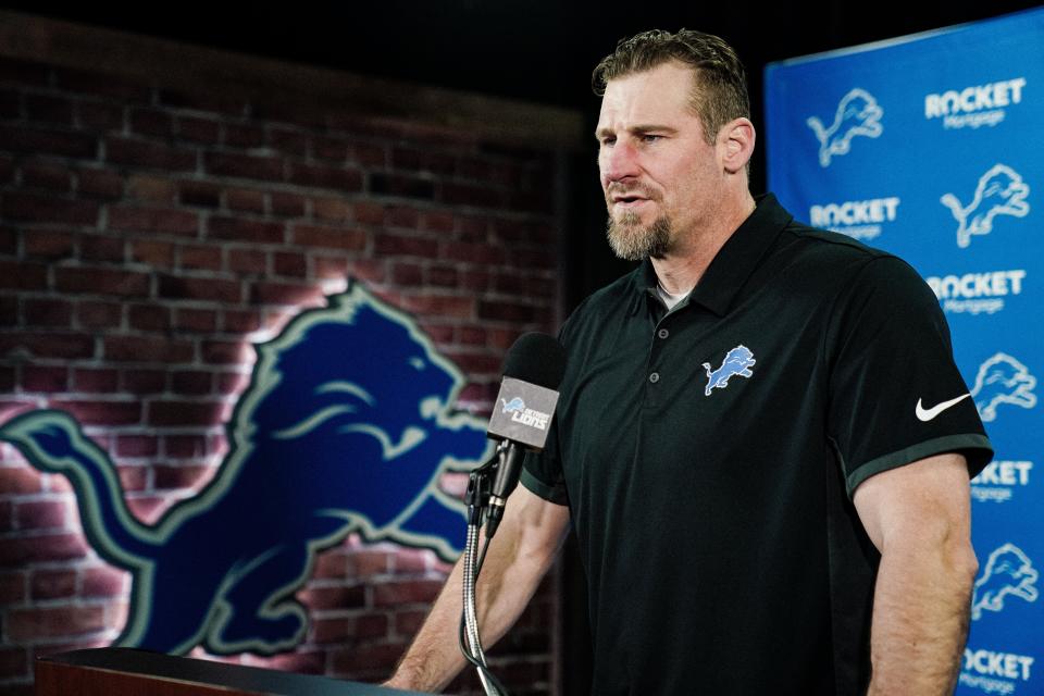 Detroit Lions head coach Dan Campbell answers questions in Allen Park on April 30, 2021 during the NFL draft.