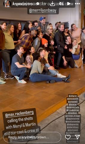 <p>Krystal Joy Brown/Instagram</p> Meryl Streep and Martin Short backstage with he cast of 'Merrily We Roll Along' on Broadway