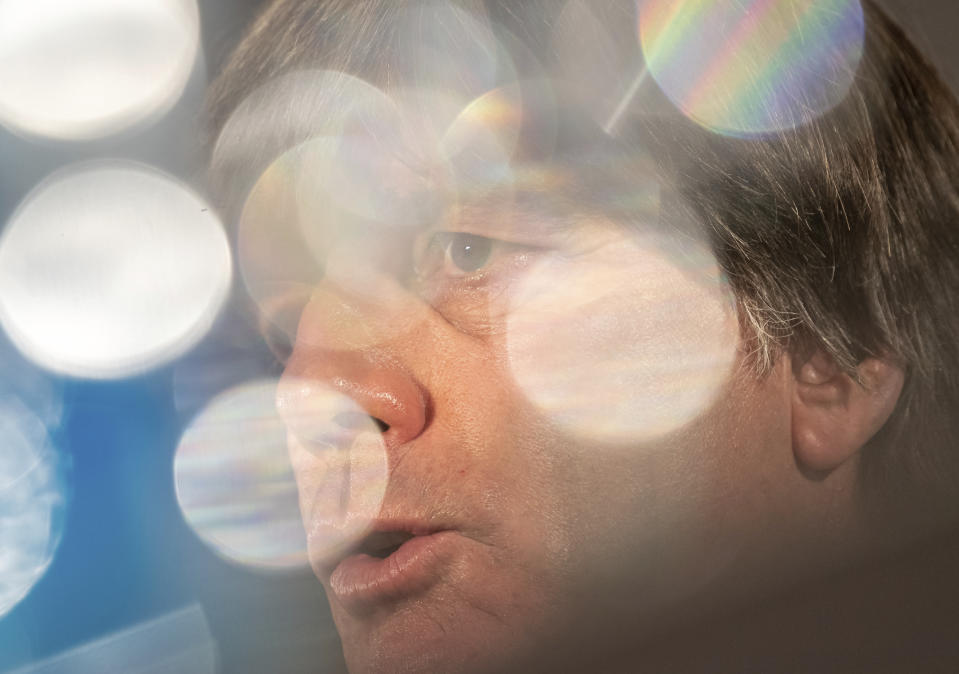 Joachim Loew, head coach of the men's German national soccer team, addresses the media during a press conference in Munich Germany, Sept. 5, 2018. Germany will face the team of France for a UEFA Nations League match im Munich on Thursday, Sept. 6, 2018. (Sven Hoppe/dpa via AP)