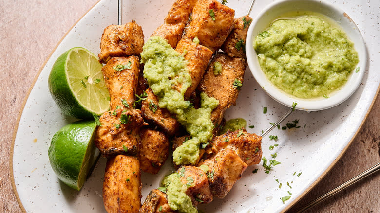 salmon skewers with salsa verde