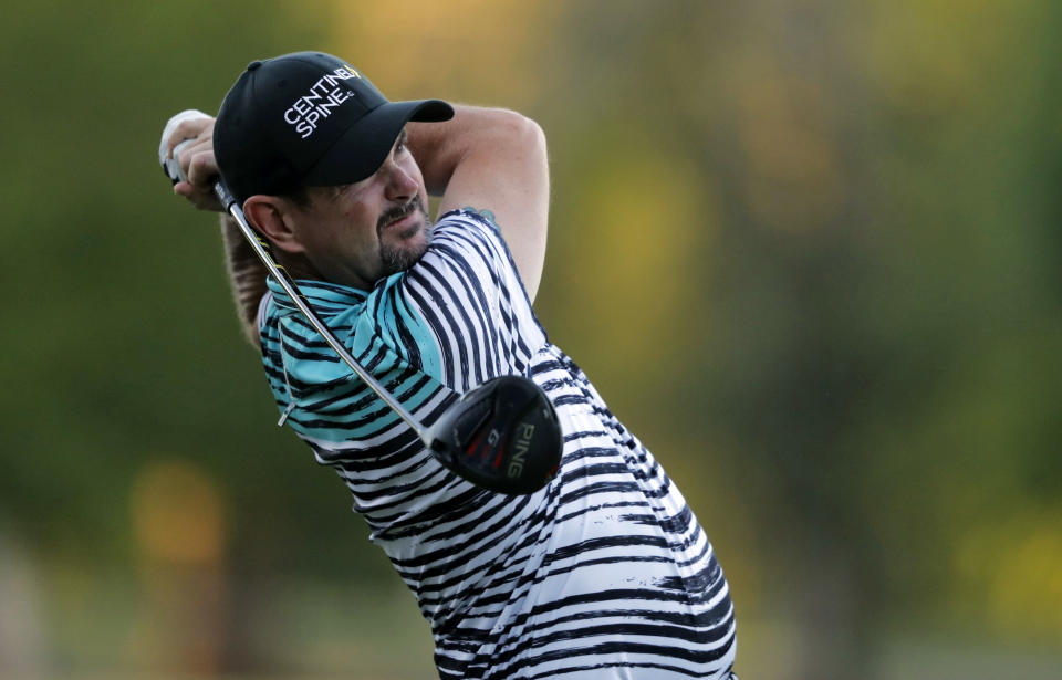 Rory Sabbatini hits off the 12th tee during the second round of the PGA Zurich Classic golf tournament at TPC Louisiana in Avondale, La., Friday, April 26, 2019. (AP Photo/Gerald Herbert)