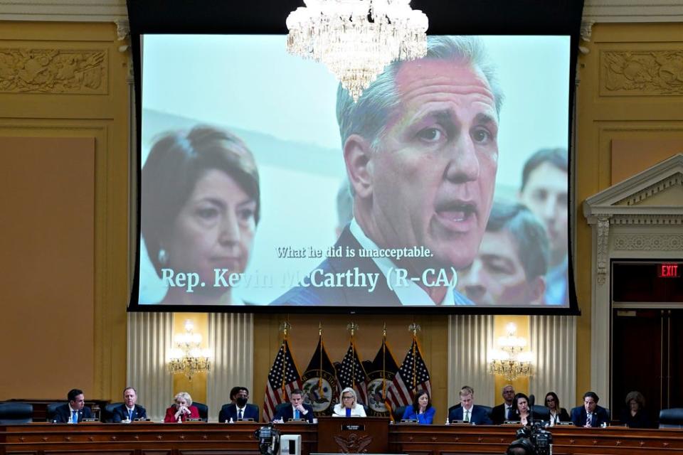 US House Minority Leader Kevin McCarthy, a Republican from California, displayed on a screen during a hearing of the Select Committee to Investigate the January 6th Attack on the US Capitol in Washington, D.C., US, on Thursday, July 21, 2022.